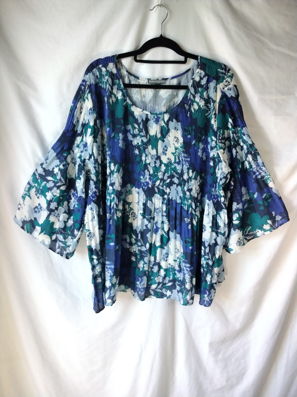 Jessica London Blue and Green Floral Pleated Scoop Neck Tunic